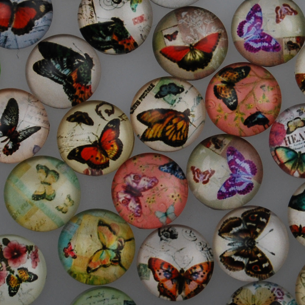 12MM Round glass cabochons with mixed Butterfly pattern,photo glass cabochons,flat back,thickness 4.5mm,50 pieces/lot
