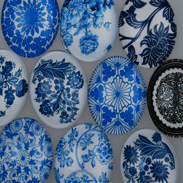 30x40MM Round Colorful glass cabochons,Mix china Blue and white porcelain pattern glass cabochons,flat back,thickness 8.5mm,20 pieces/lot