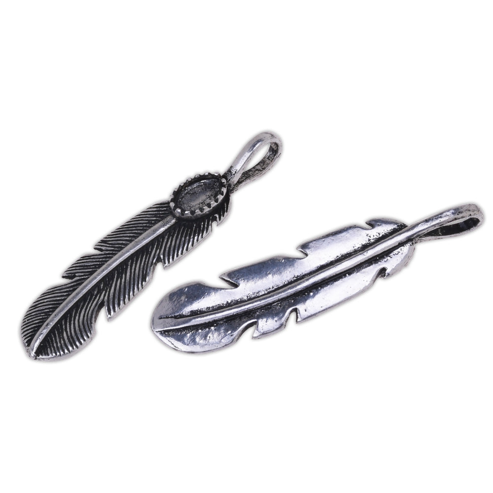 5 Antique Silver Feather Charms Single Sided 44x9mm Cabochon Bezel,Diy Jewelry Making Supplies