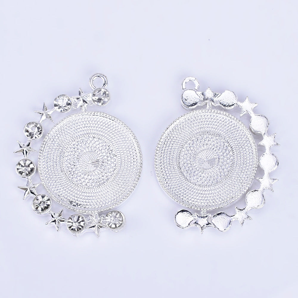 25mm Zinc alloy Round Pendant Tray Double Side Round Pendant Blanks with Rhinestones Blank Settings Wholesale plated silver 10pcs