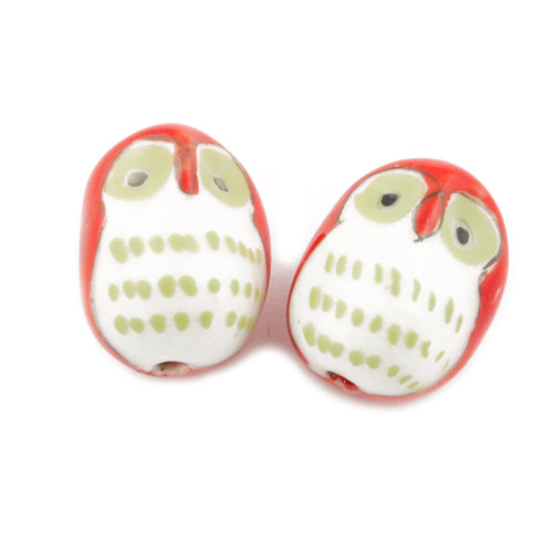 16*20 MM Handmade Porcelain Beads,Owl,Red,Hole size:2.5 MM,Sold 100PCS Per Package