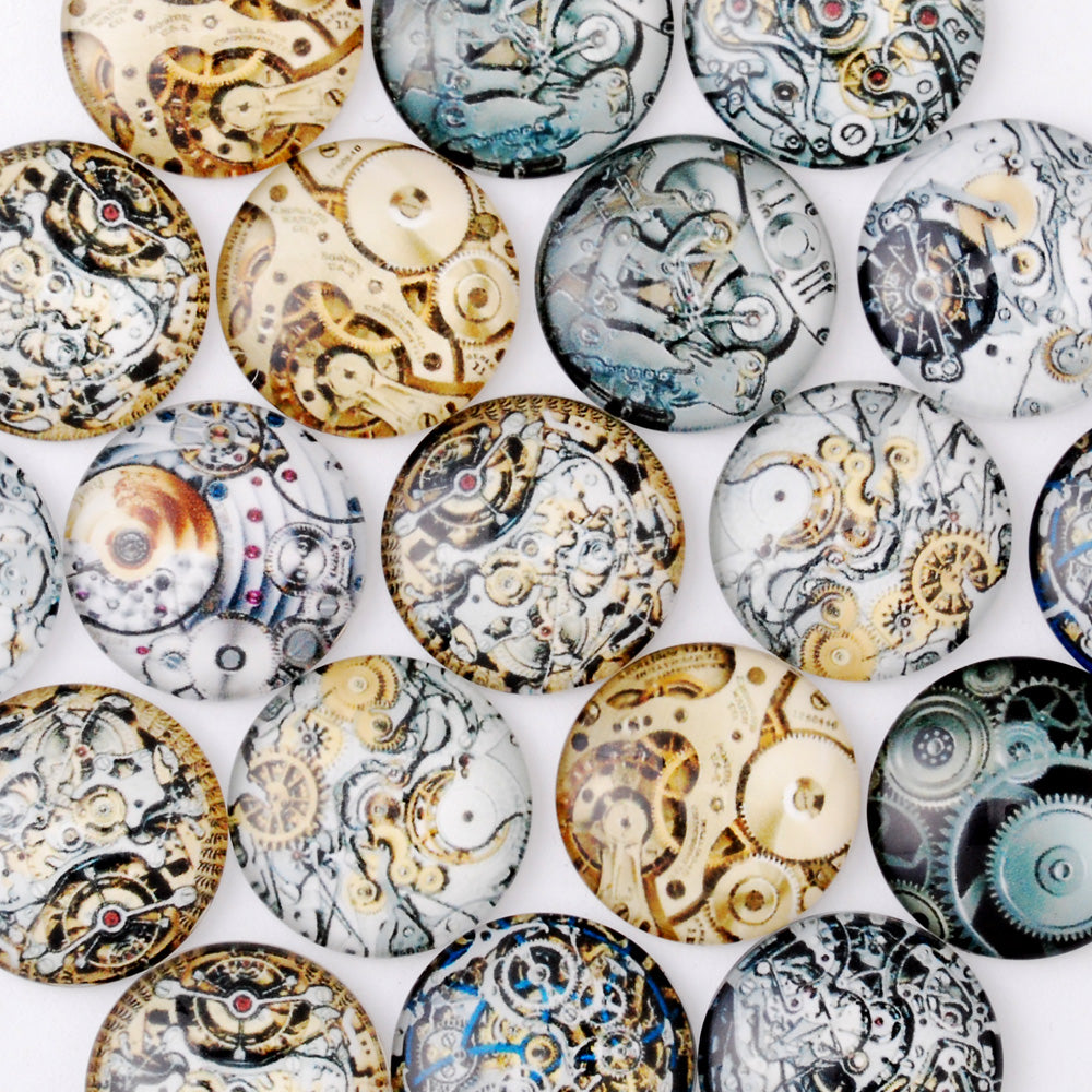 20mm Vintage Mechanical Gear Steampunk Art Photo Glass Cabochons,Flat Back, Mixed color 20PCS