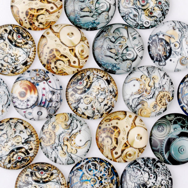 20mm Vintage Mechanical Gear Steampunk Art Photo Glass Cabochons,Flat Back, Mixed color 20PCS