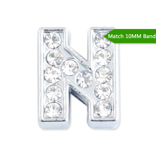 10MM Letter "N" Slider Charms,Crystal Rhinestones Alphabets Beads,Silver Plated,Match 10mm Band or Slider Bracelet;sold 50pcs per pkg
