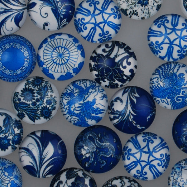14MM Round Colorful glass cabochons,Mix Blue and white porcelain pattern glass cabochons,flat back,thickness 5mm,50 pieces/lot