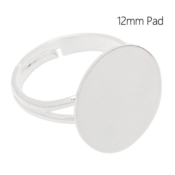 Adjustable cuff Ring with 12MM Round Pad,Easy used,Brass filled,Silver plated,20 Pieces/lot