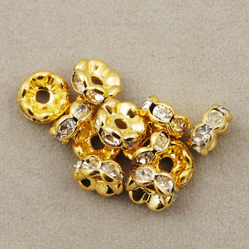 6MM Diameter Rhinestone Spacer Beads,Clear AB Color,Brass,Golden Plated,Thick About 3MM,Hole:About 1MM,Sold 100 PCS Per Package