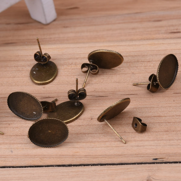 Ear stud with 10x14mm oval blank bezel,Brass filled,Antique bronze plated,50pcs/lot