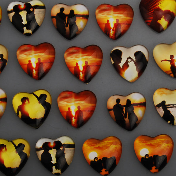 25MM Afterglow of the Sunset Pattern Glass Cabochons,Heart  Glass Cabochons,Flat Back,thickness 6mm,Sold 20 pieces/lot