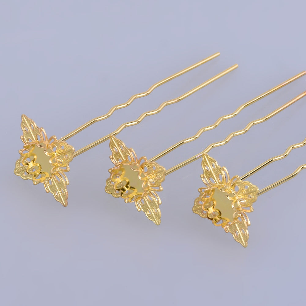 75mm U shape Wedding hair pin with 10mm Cameo Base Clips Prom Hair Pins Hair accessories gold 10pcs