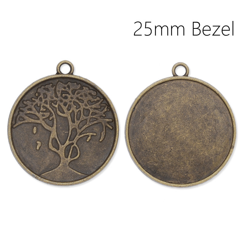 Antique Bronze pendant tray with 25mm round bezel,another sided is tree,20pcs/lot