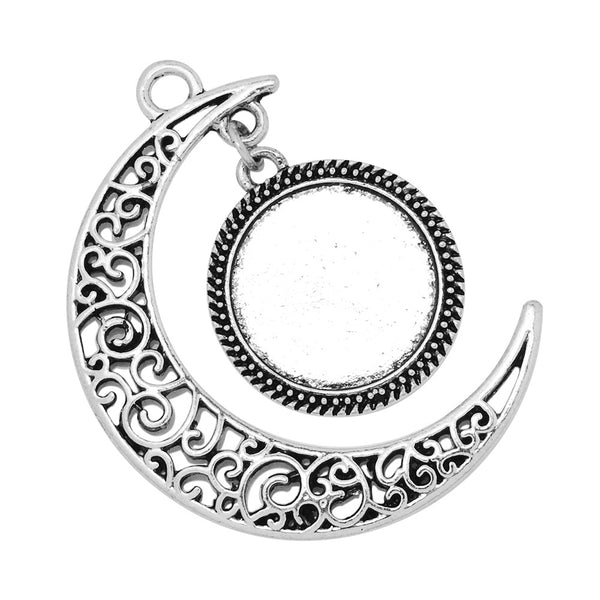 Crescent Pendant With16mm Round Bezel Setting Blanks,Antique Silver Pendant Base,zinc alloy,20pcs/lot