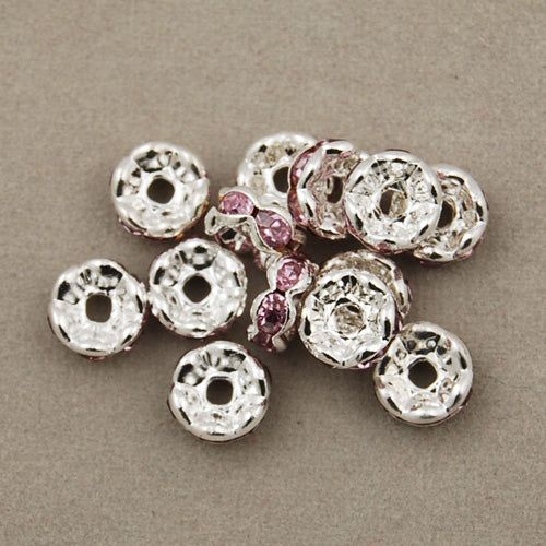 6MM Diameter Rhinestone Spacer Beads,Pink,Brass,Silver Plated,Thick About 3MM,Hole:About 1MM,Sold 100 PCS Per Package