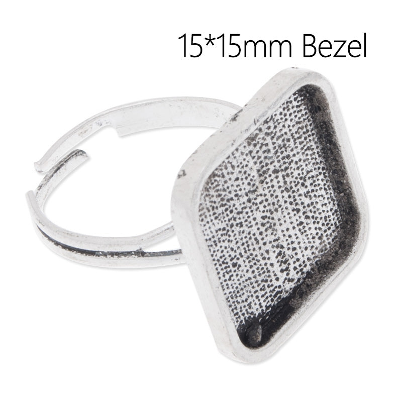 Adjustable Ring with 15x15mm Square Bezel,Filleted corner,Zinc alloy Filled,Antique Silver plated,20pcs/lot