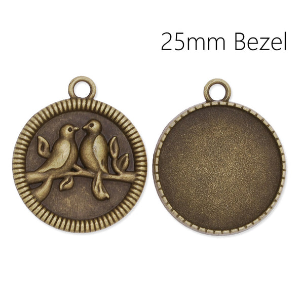 25mm Round pendant tray with Birds in the back,Zinc alloy filled,Antique Bronze plated,20pcs/lot