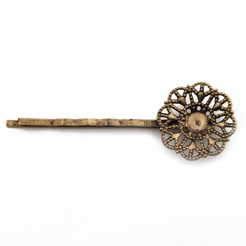 60*21mm Antique Bronze Bobby Pin With Flower Filigree Wrap Pad,Sold per 100 PCS