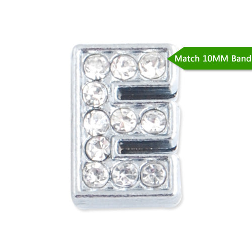 10MM Letter "E" Slider Charms,Crystal Rhinestones Alphabets Beads,Silver Plated,Match 10mm Band or Slider Bracelet;sold 50pcs per pkg